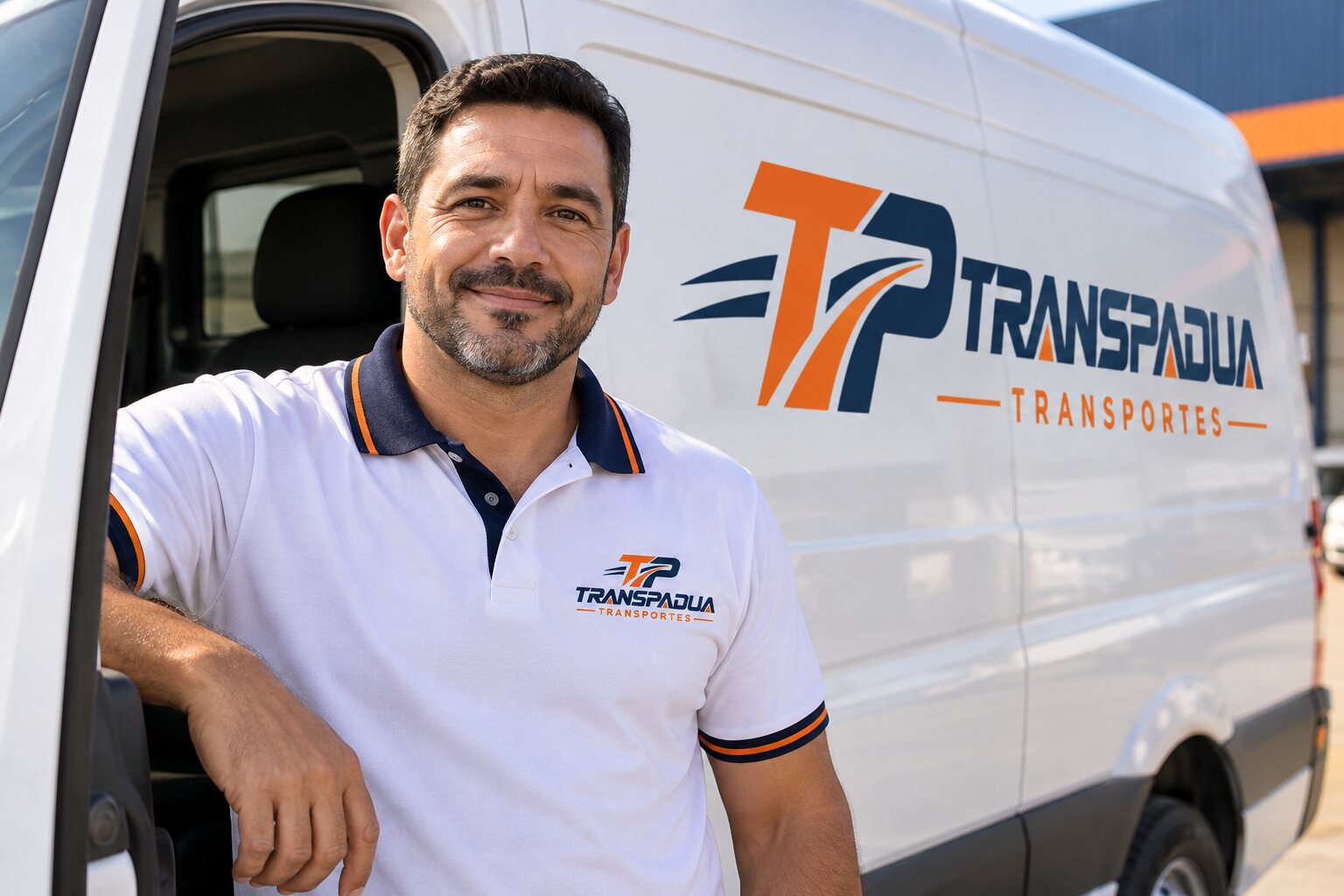 Motorista Trans Padua sorrindo ao lado da van da empresa